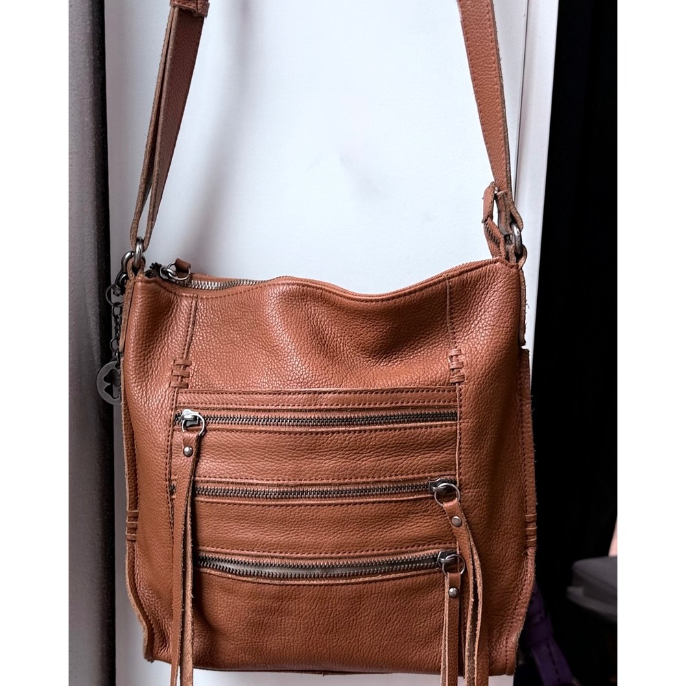 Lucky Brand Brown Leather Multi Zip Crossbody Bag Adjustable Strap